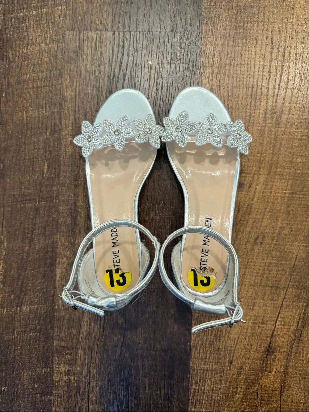 Steve Madden Silver Floral Ankle-Strap Sandals with Rhinestone Flowers